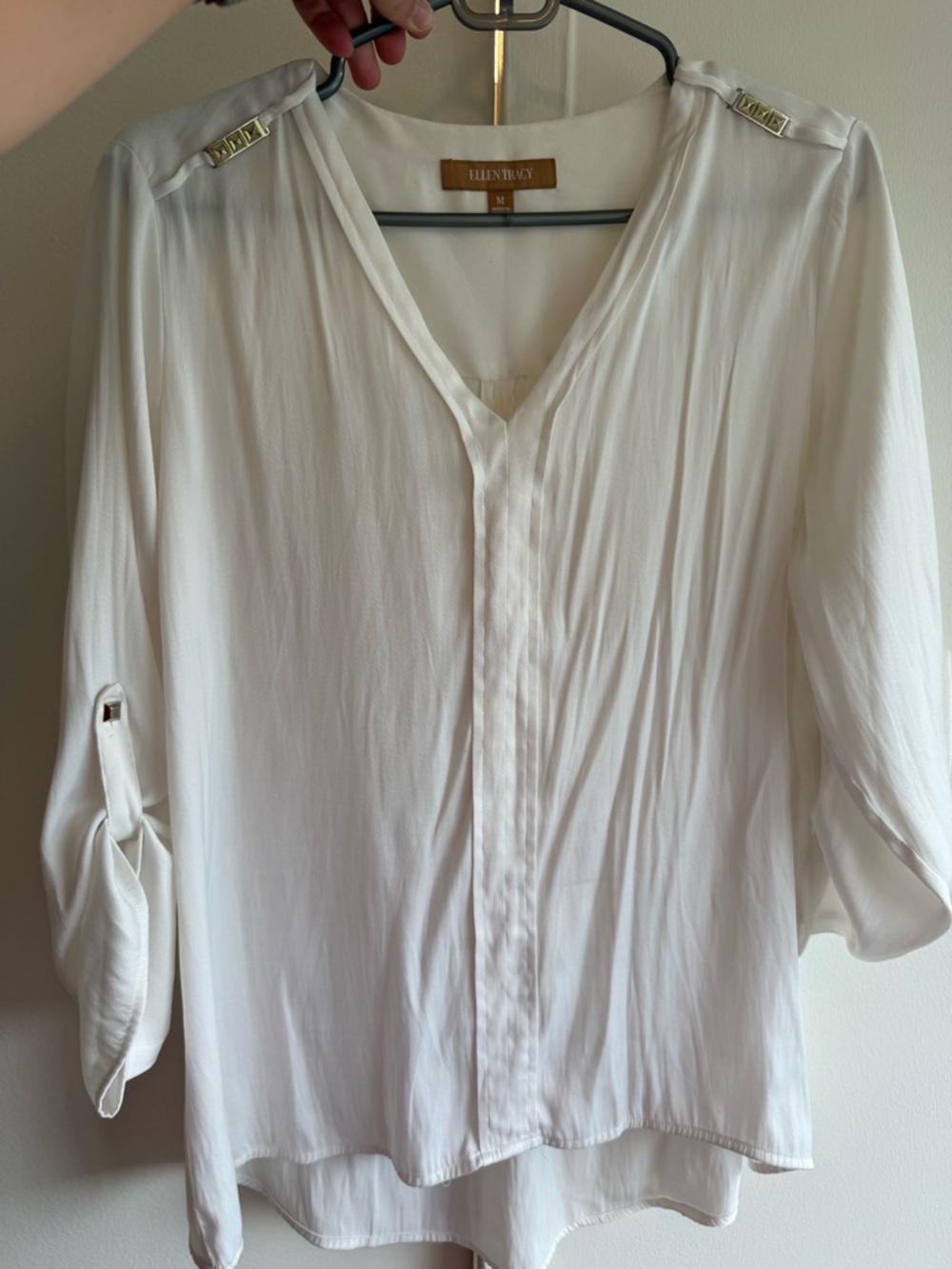 Ellen Tracy Cream V-Neck Roll-Tab Sleeve Blouse